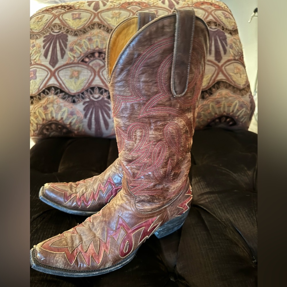 Men’s Old Gringo Rust Brown Leather Overlay Cowboy Boots Size 8D